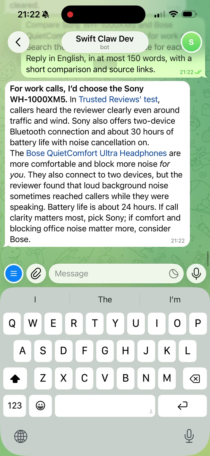 The completed headphone comparison with source links in the Telegram conversation.